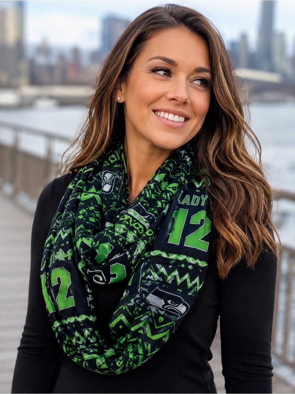 Lady 12 Seahawks Green Black Infinity Scarf | Football Fan Game Day Loop Scarf